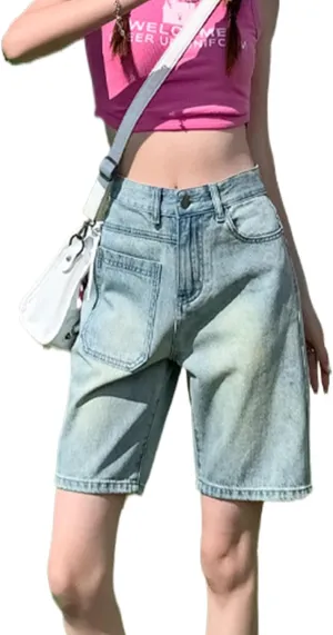 High Waisted Denim Bermuda Shorts for Women Straight Wide Leg High Rise Jean Shorts Y2k Baggy Shorts with Pockets