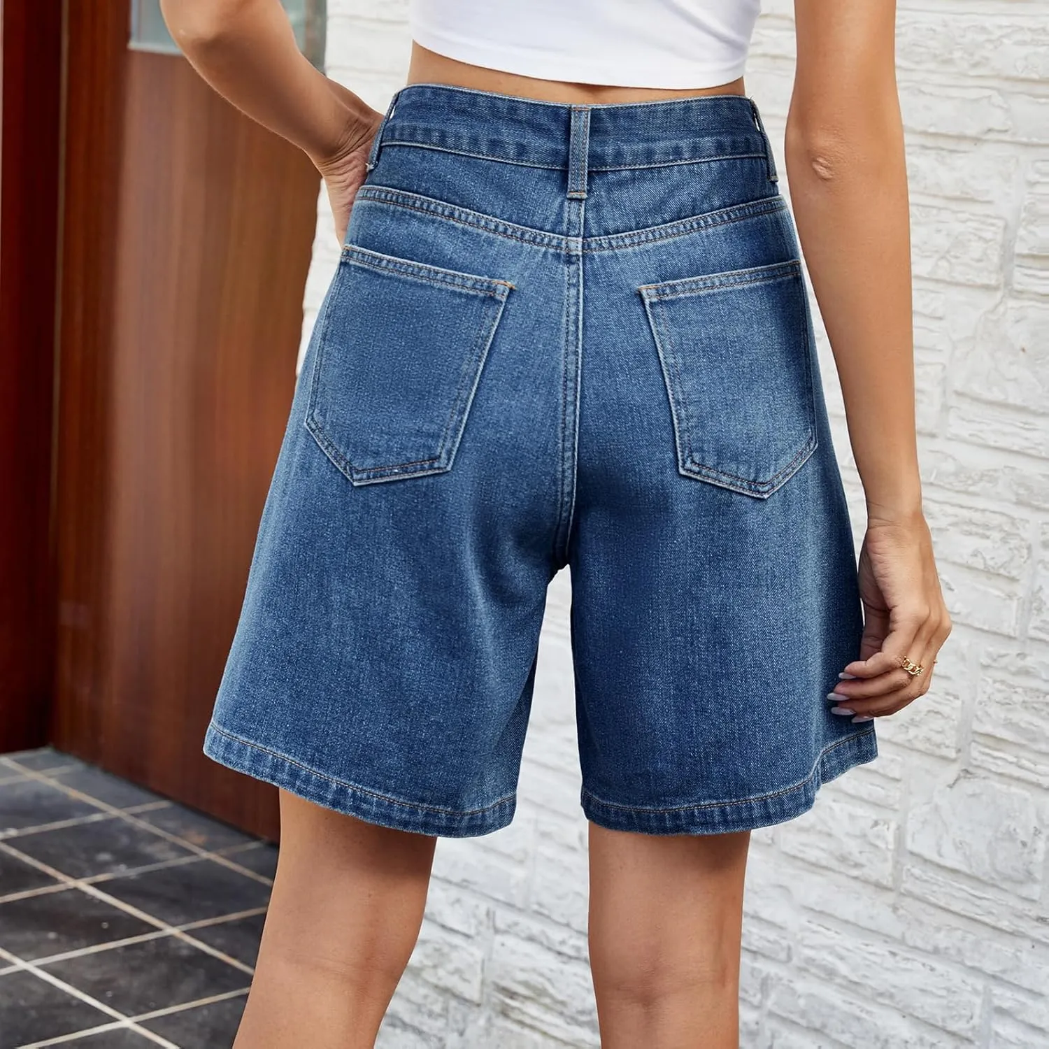 High Waisted Knee Length Denim Shorts Women Button Adjustable Waist Shorts Bermuda Long Jean Shorts for Teen Girls