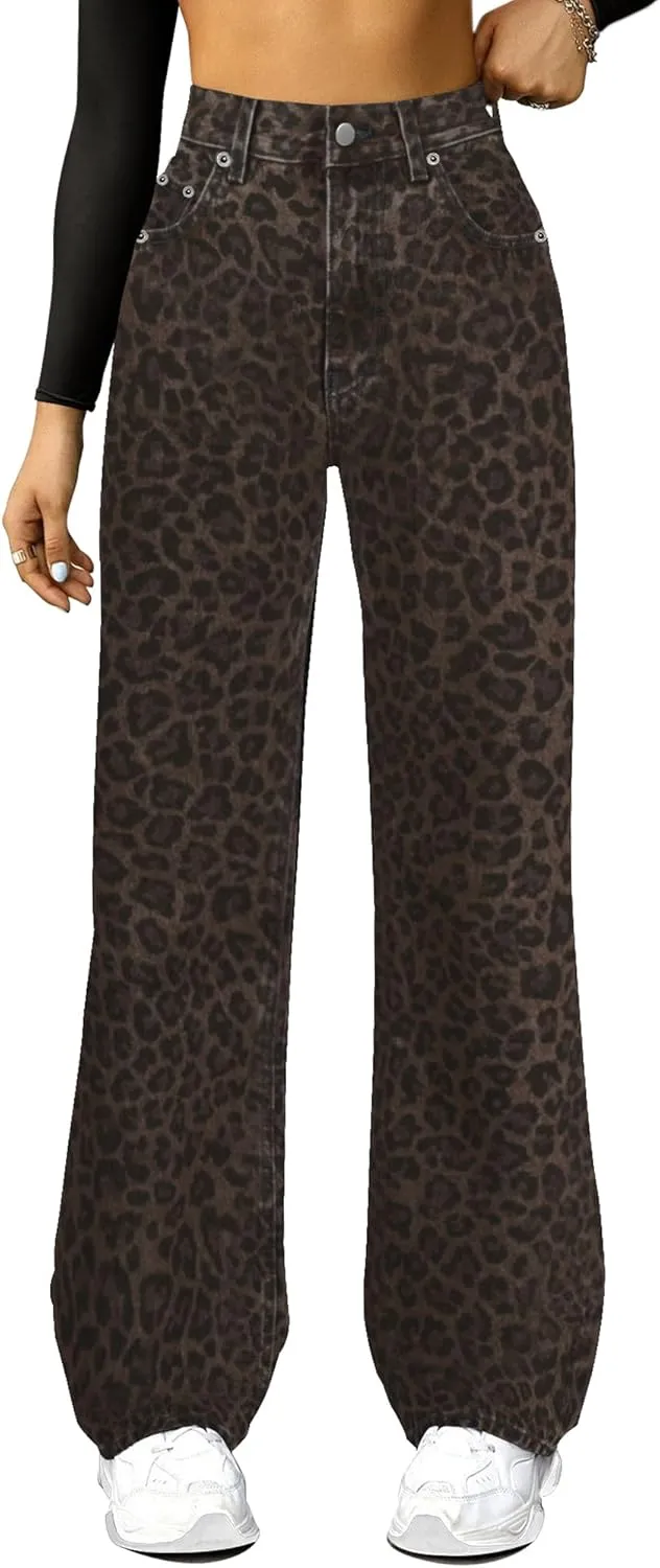 High Waisted Wide Leg Loose Microelastic Boyfried Denim Pants Straight Leg Jeans for Women Leopard Print