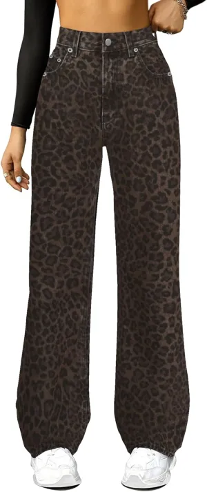 High Waisted Wide Leg Loose Microelastic Boyfried Denim Pants Straight Leg Jeans for Women Leopard Print