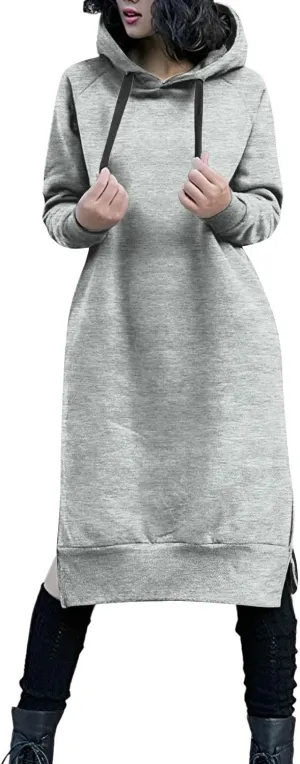 Hoodie Dress for Women Long Sleeve Warmy Oversized Hooded Dress Fleece Solid Color Long Sweatshirt with Pocket