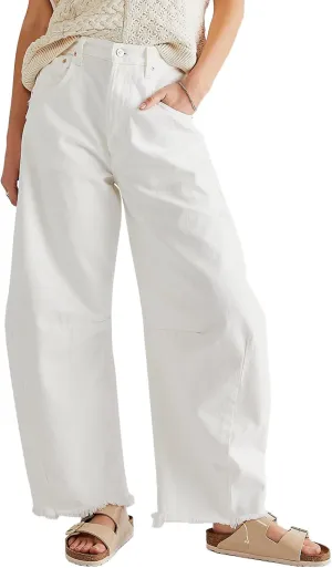 HOTIAN Barrel Jeans Women Wide Leg Mid Rise Barrel Denim Pants Vintage Horseshoe Jeans Pockets