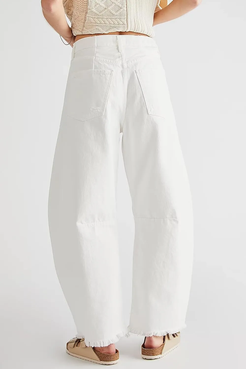 HOTIAN Barrel Jeans Women Wide Leg Mid Rise Barrel Denim Pants Vintage Horseshoe Jeans Pockets