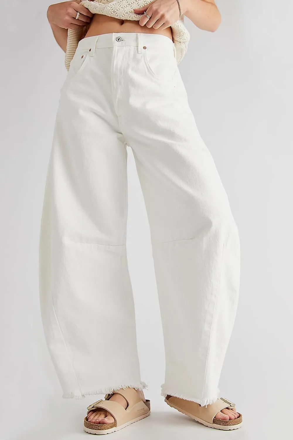HOTIAN Barrel Jeans Women Wide Leg Mid Rise Barrel Denim Pants Vintage Horseshoe Jeans Pockets