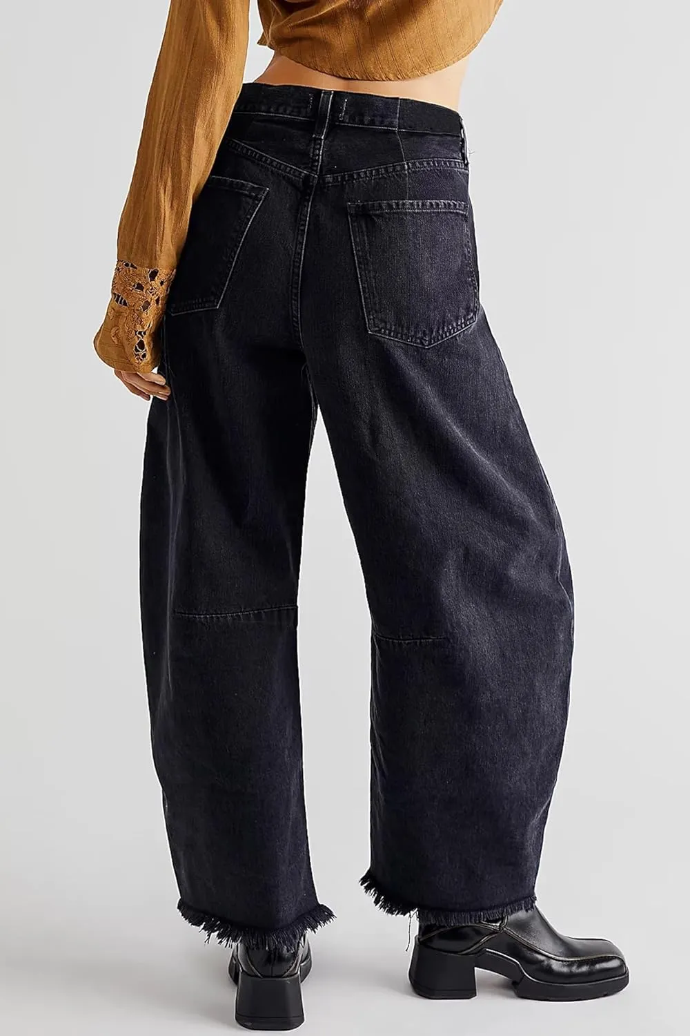 HOTIAN Barrel Jeans Women Wide Leg Mid Rise Barrel Denim Pants Vintage Horseshoe Jeans Pockets