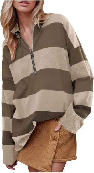 HXHYQKP Oversized Womens Striped Sweaters 2025 Half Zipper Turtleneck Vintage Zipper Long Sleeve Pullover Tops S-2XL
