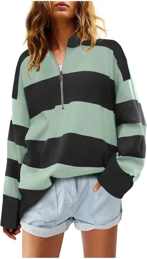 HXHYQKP Oversized Womens Striped Sweaters 2025 Half Zipper Turtleneck Vintage Zipper Long Sleeve Pullover Tops S-2XL