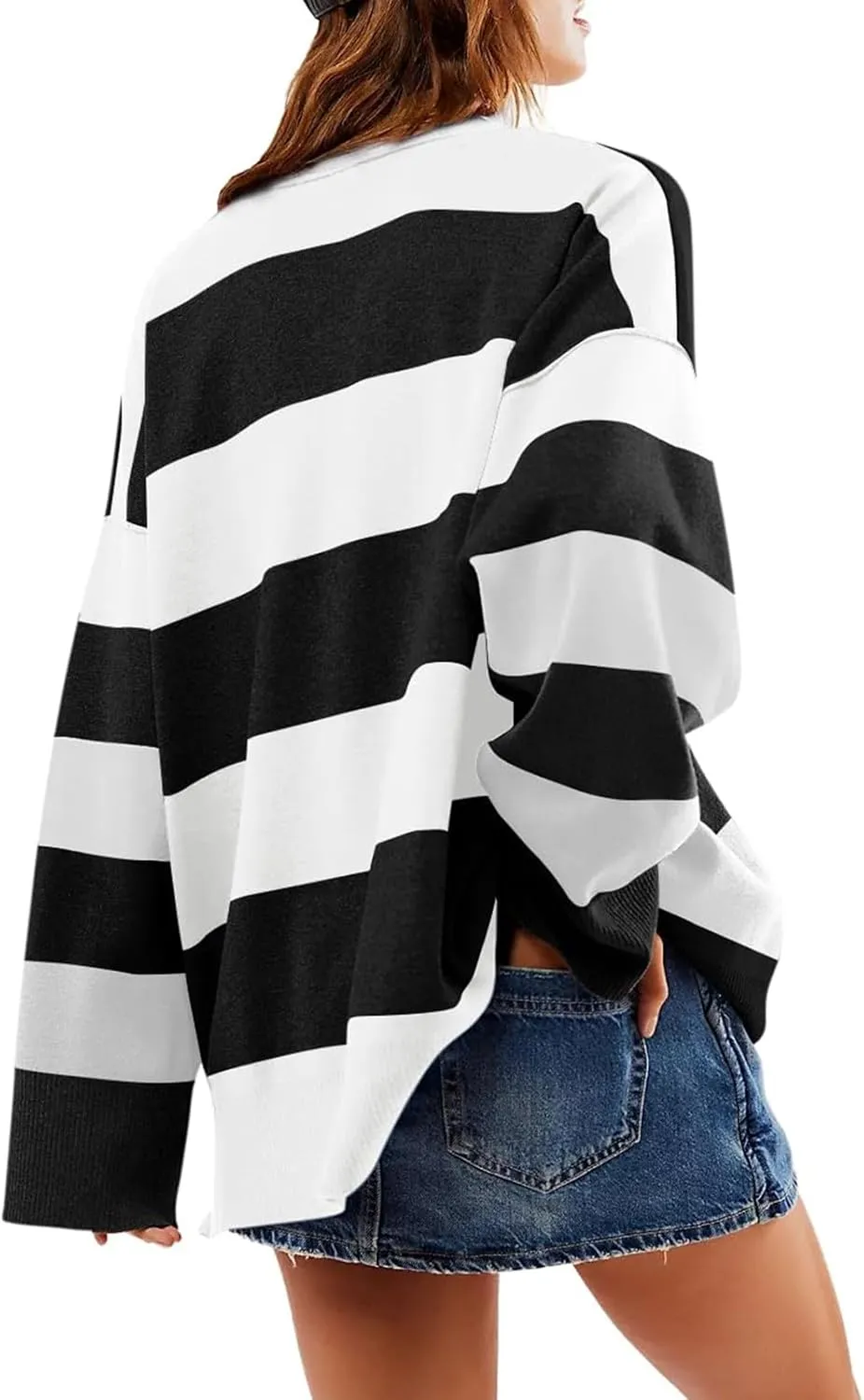 HXHYQKP Oversized Womens Striped Sweaters 2025 Half Zipper Turtleneck Vintage Zipper Long Sleeve Pullover Tops S-2XL