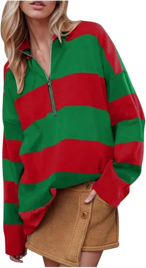 HXHYQKP Oversized Womens Striped Sweaters 2025 Half Zipper Turtleneck Vintage Zipper Long Sleeve Pullover Tops S-2XL