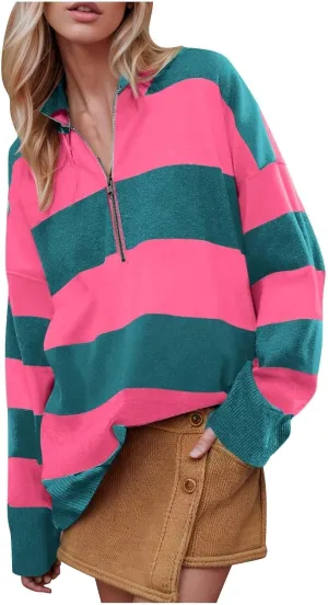 HXHYQKP Oversized Womens Striped Sweaters 2025 Half Zipper Turtleneck Vintage Zipper Long Sleeve Pullover Tops S-2XL