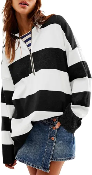 HXHYQKP Oversized Womens Striped Sweaters 2025 Half Zipper Turtleneck Vintage Zipper Long Sleeve Pullover Tops S-2XL