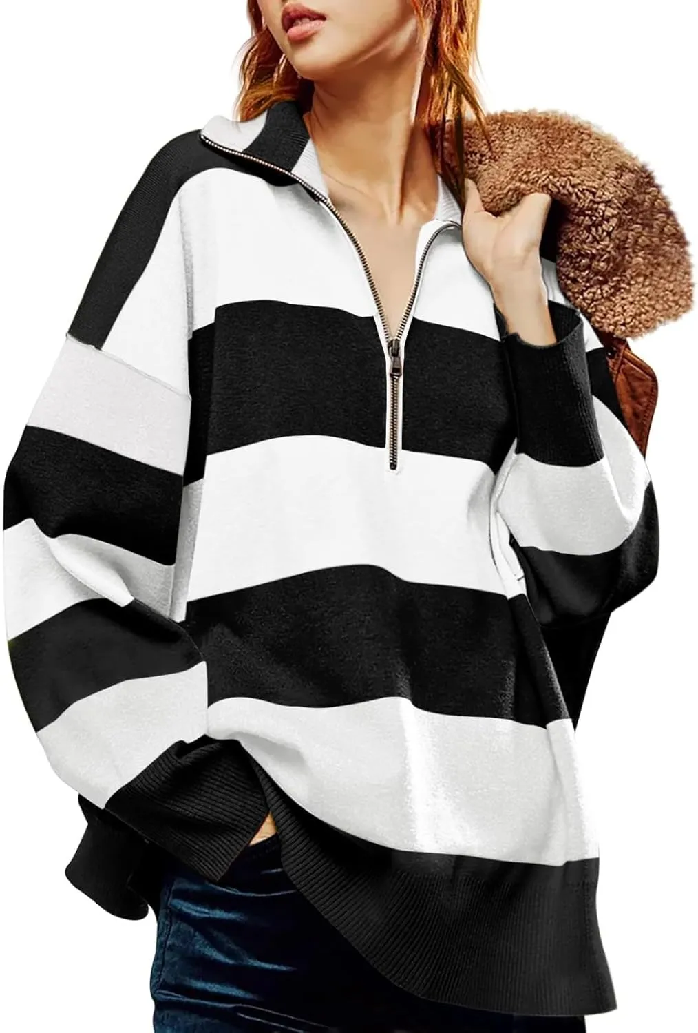 HXHYQKP Oversized Womens Striped Sweaters 2025 Half Zipper Turtleneck Vintage Zipper Long Sleeve Pullover Tops S-2XL