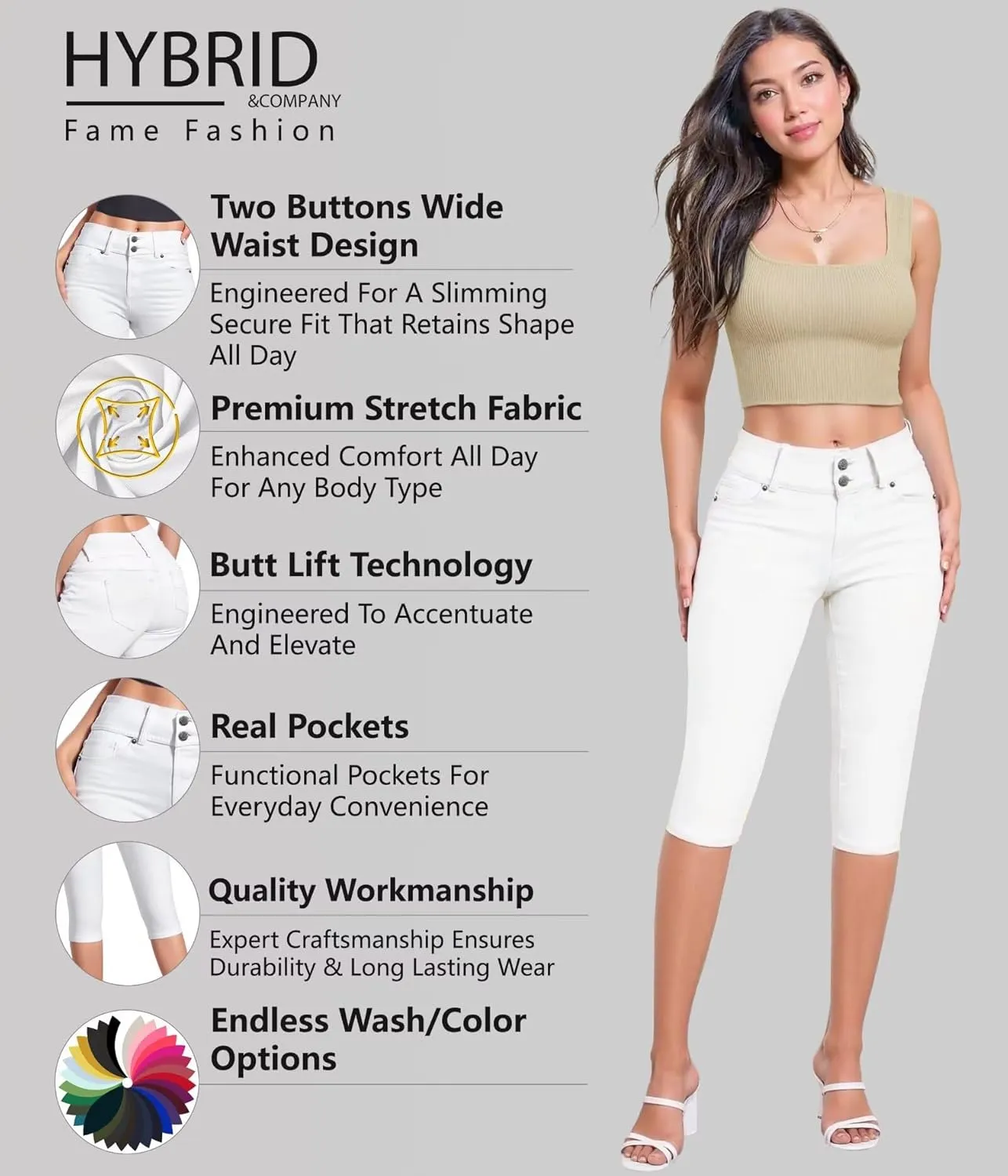 Hybrid & Company Women's Butt Lift V2 Super Comfy Stretch Denim Bermuda Shorts Capri
