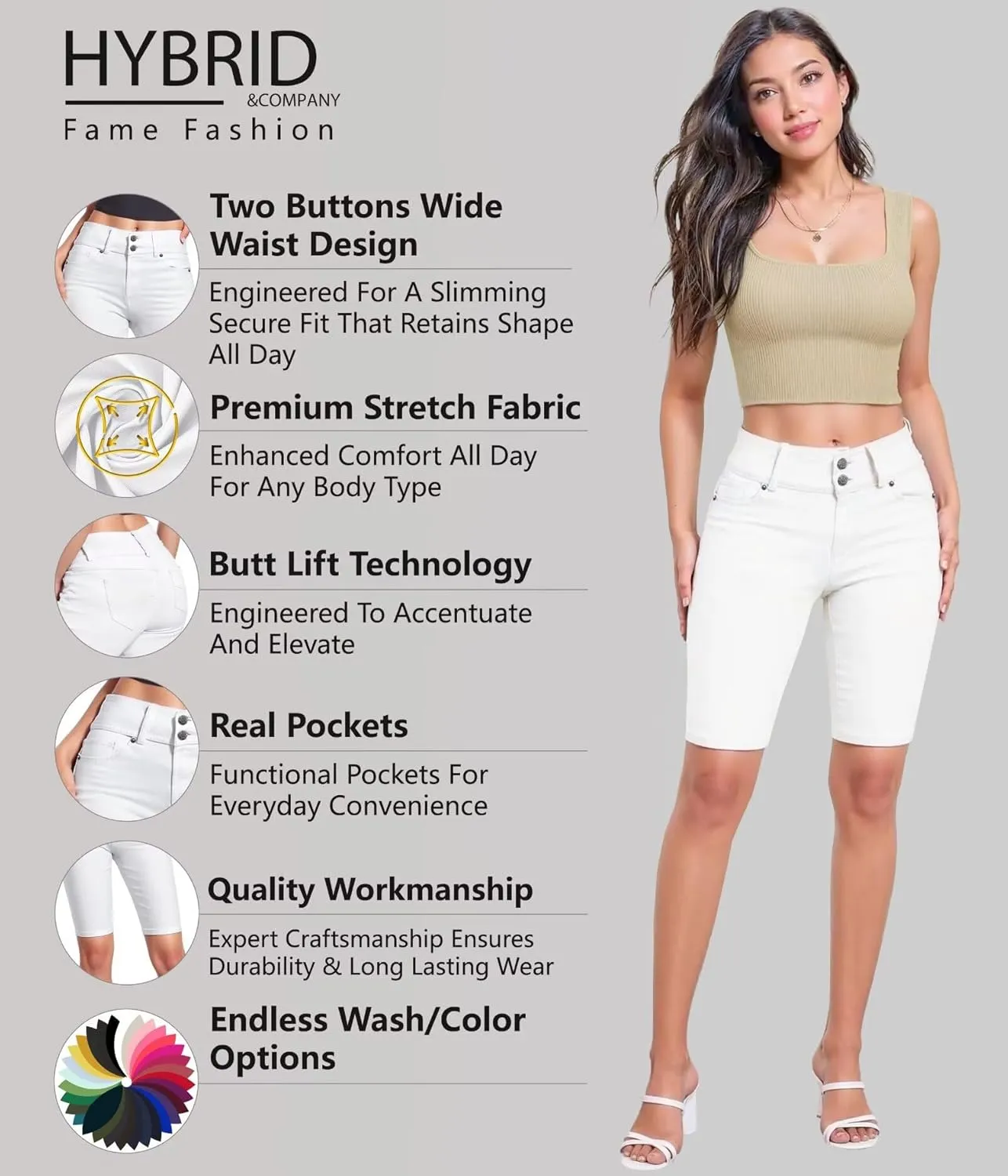 Hybrid & Company Women's Butt Lift V2 Super Comfy Stretch Denim Bermuda Shorts Capri