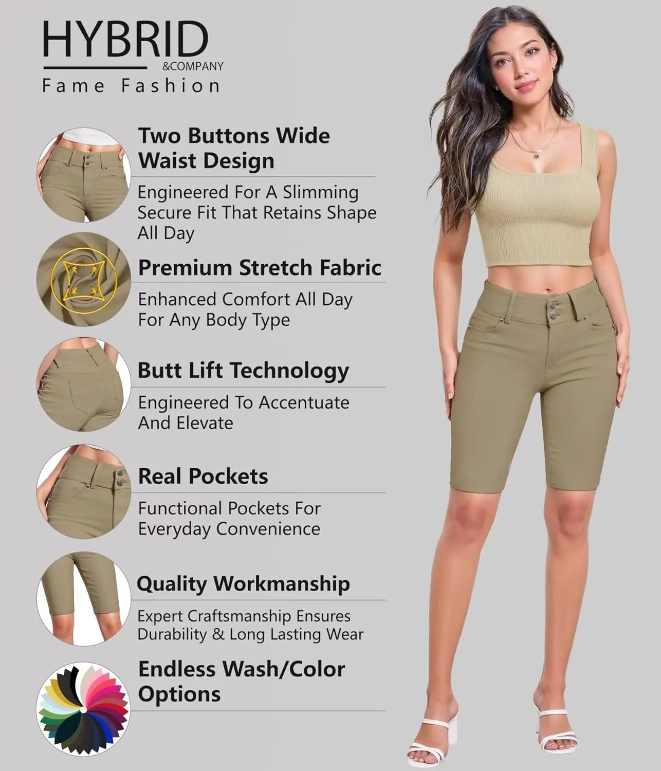 Hybrid & Company Women's Butt Lift V2 Super Comfy Stretch Denim Bermuda Shorts Capri