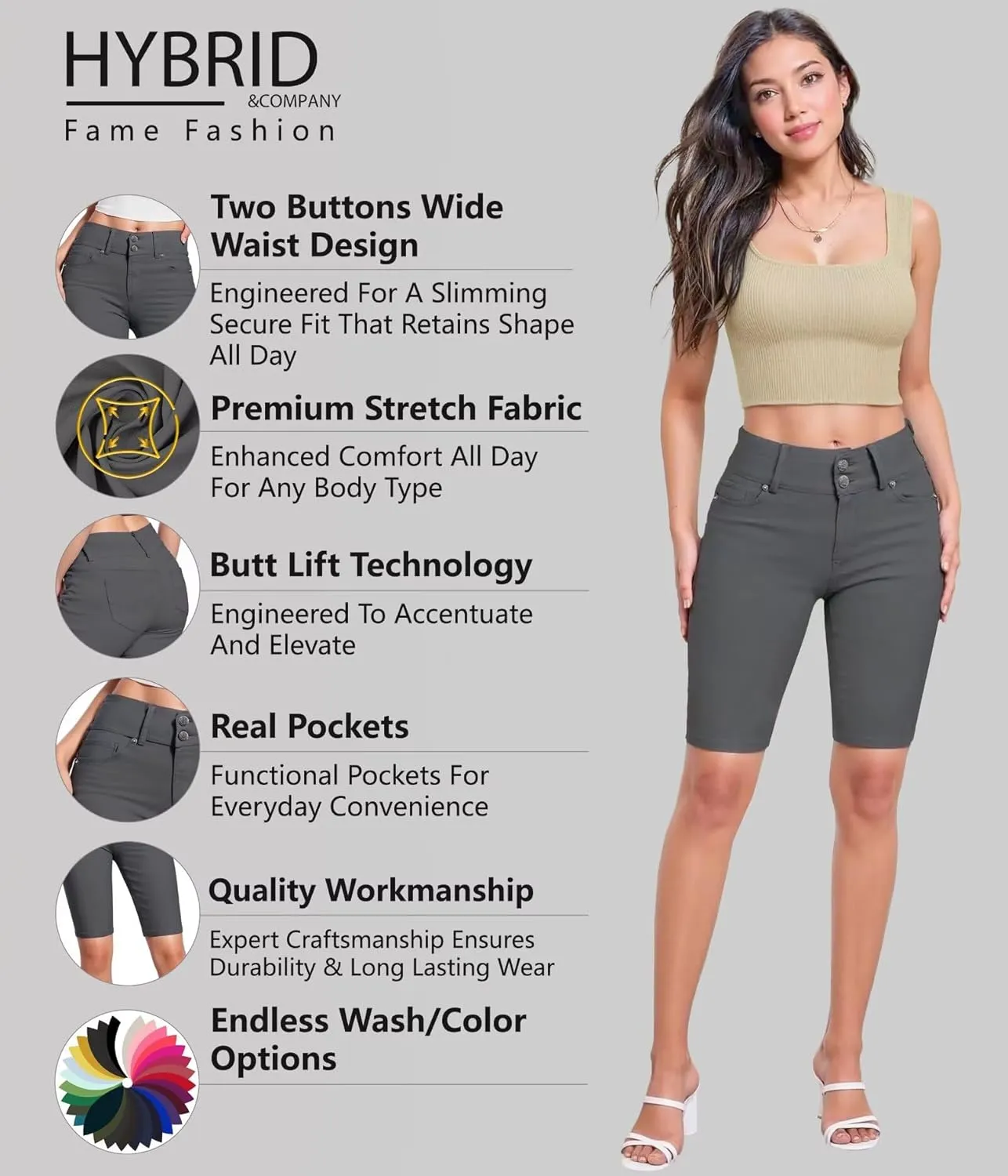 Hybrid & Company Women's Butt Lift V2 Super Comfy Stretch Denim Bermuda Shorts Capri