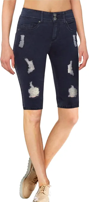 Hybrid & Company Women's Super Comfy Stretch Destructed Denim Bermuda Shorts Capri