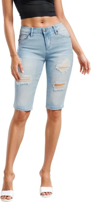Hybrid & Company Women's Super Comfy Stretch Destructed Denim Bermuda Shorts Capri