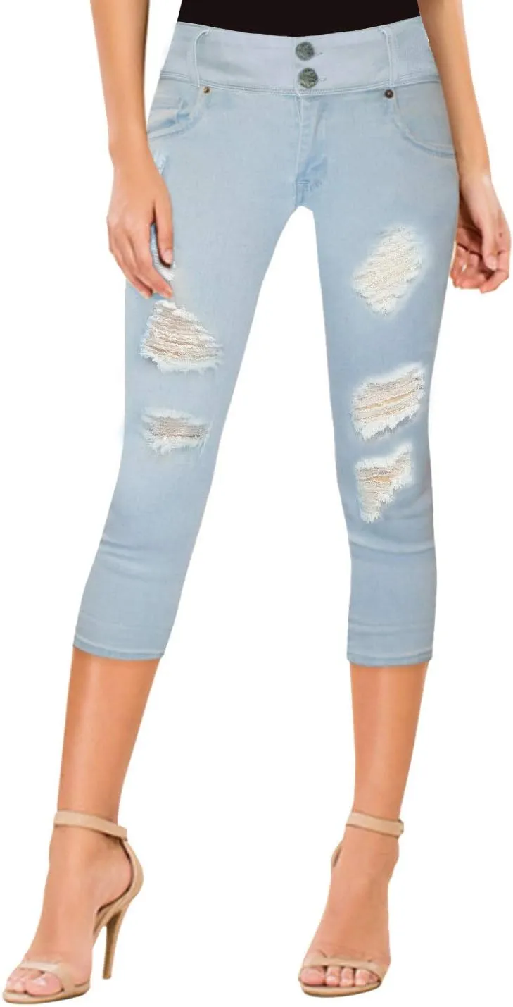 Hybrid & Company Women's Super Comfy Stretch Destructed Denim Bermuda Shorts Capri