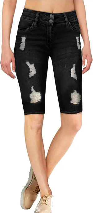 Hybrid & Company Women's Super Comfy Stretch Destructed Denim Bermuda Shorts Capri