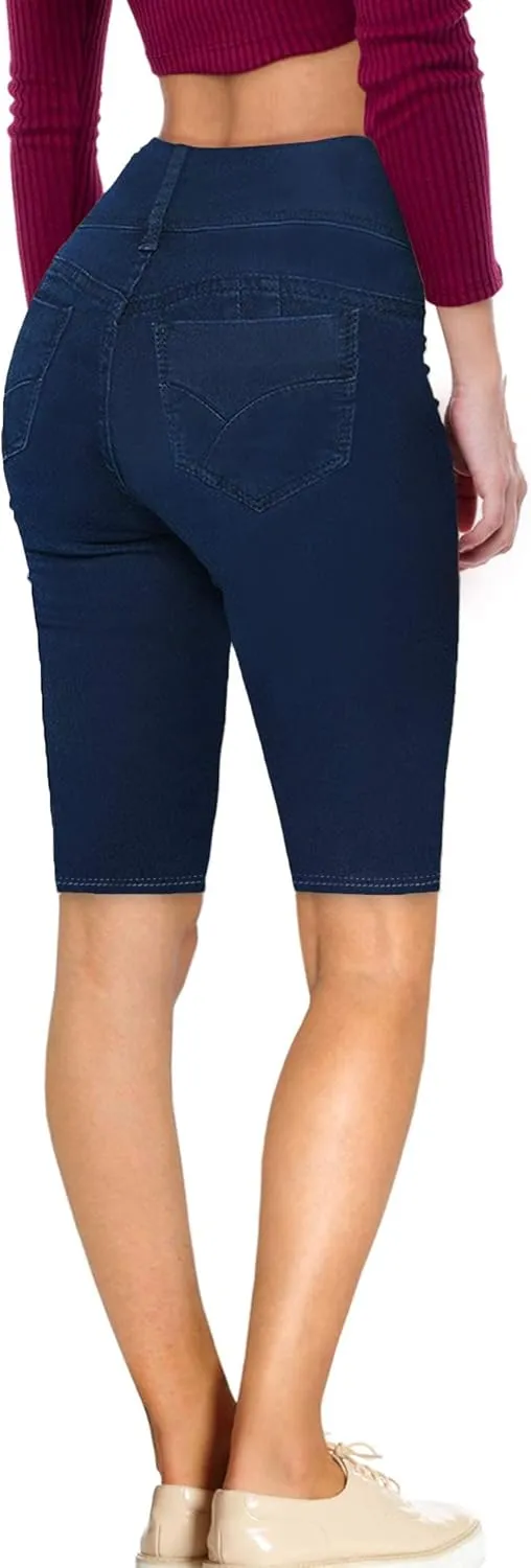 Hybrid & Company Women's Super Comfy Stretch Destructed Denim Bermuda Shorts Capri