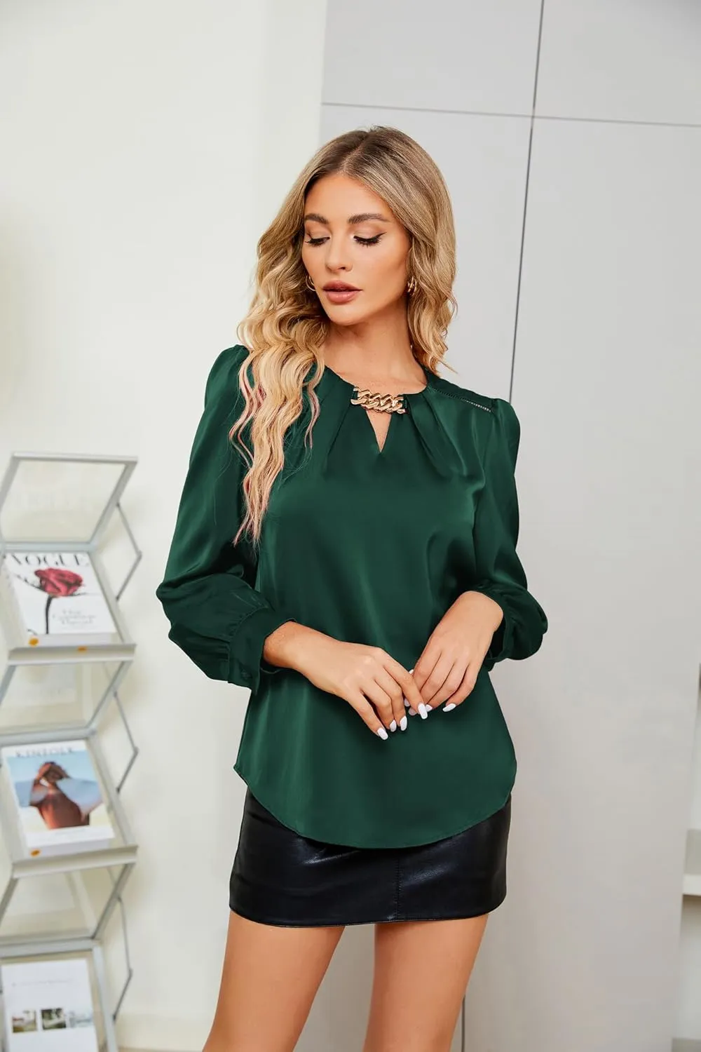 JASAMBAC Women's Satin Silk Blouse 2025 Keyhole Neck Long Sleeve Tops Elegant Casual Office Work Dressy Shirts Pullover Tops