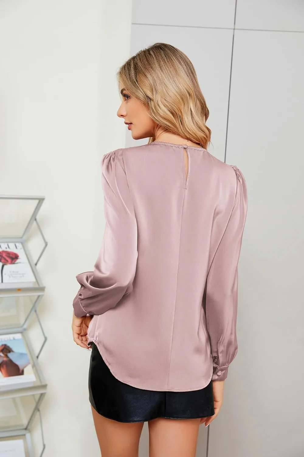 JASAMBAC Women's Satin Silk Blouse 2025 Keyhole Neck Long Sleeve Tops Elegant Casual Office Work Dressy Shirts Pullover Tops