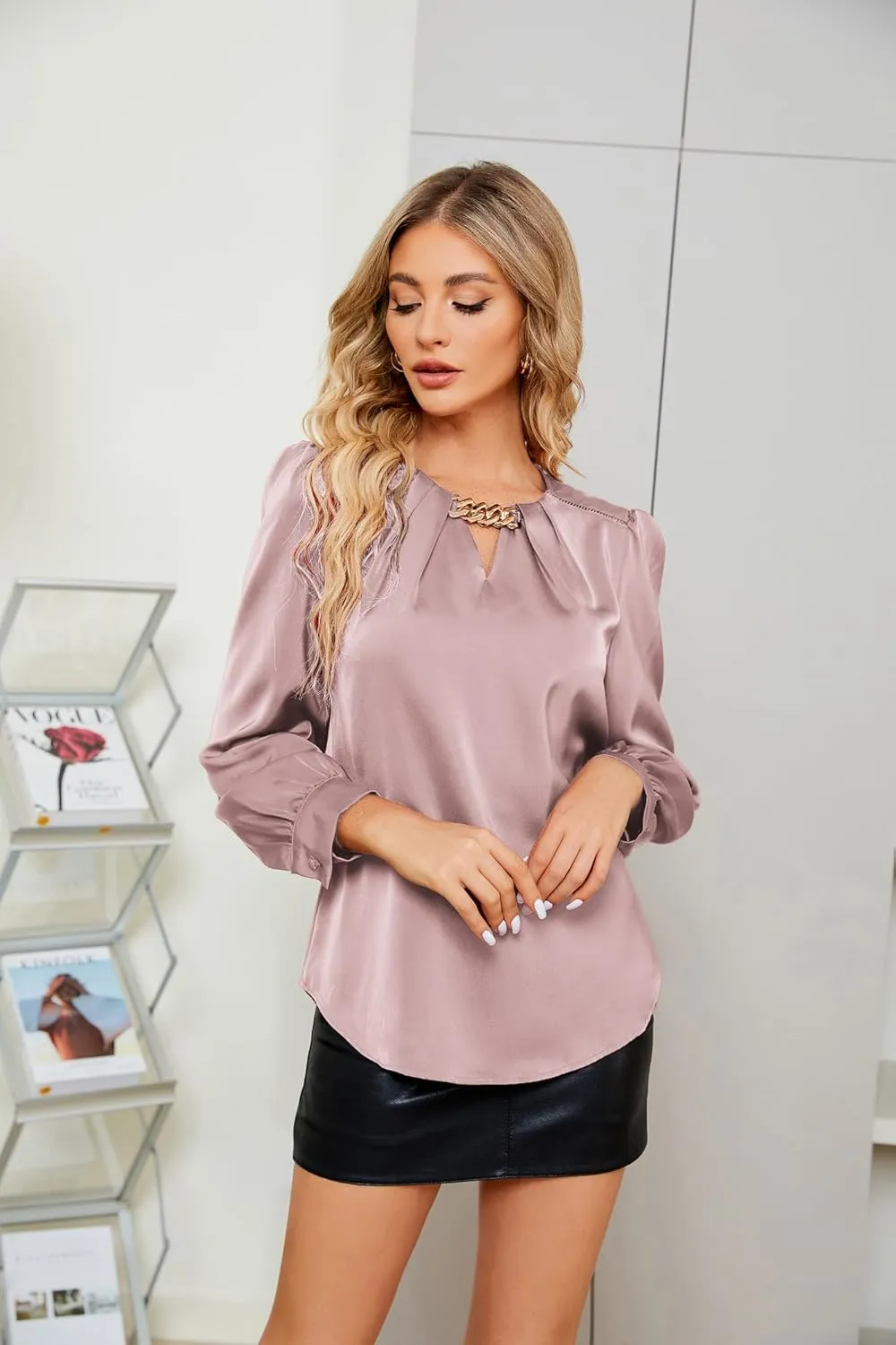 JASAMBAC Women's Satin Silk Blouse 2025 Keyhole Neck Long Sleeve Tops Elegant Casual Office Work Dressy Shirts Pullover Tops