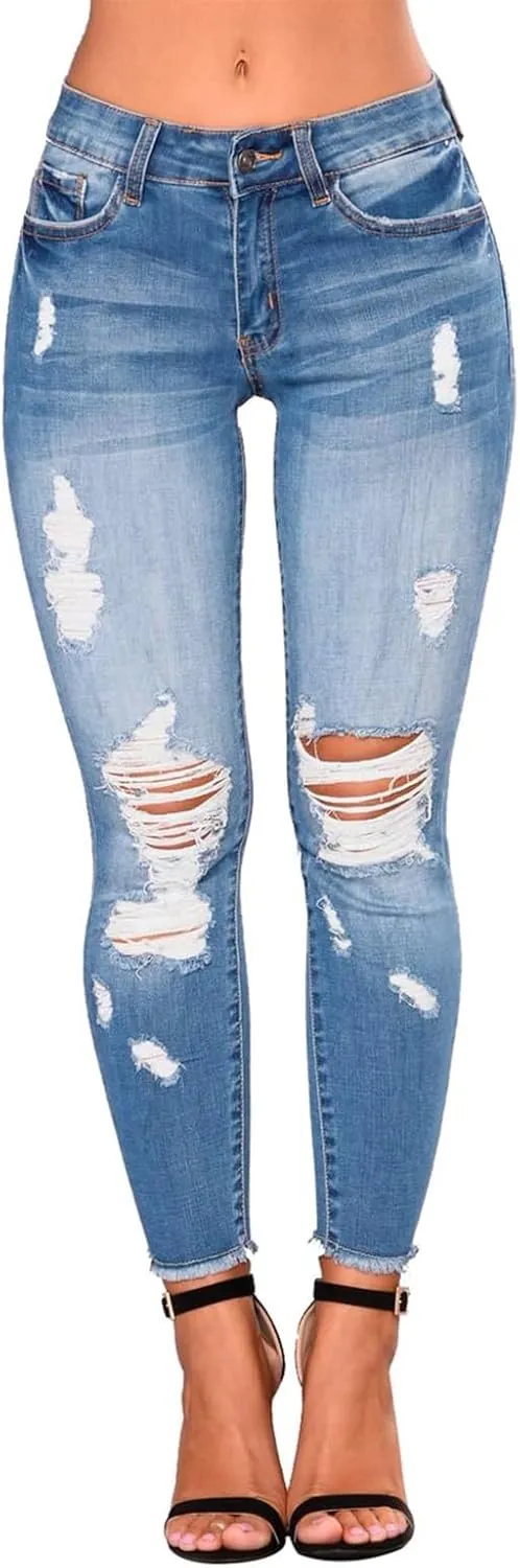 Jeans for Women Trendy Straight Leg Ripped Petite Jeans High Waisted Stretchy Distressed Denim Pants Hippie Clothes