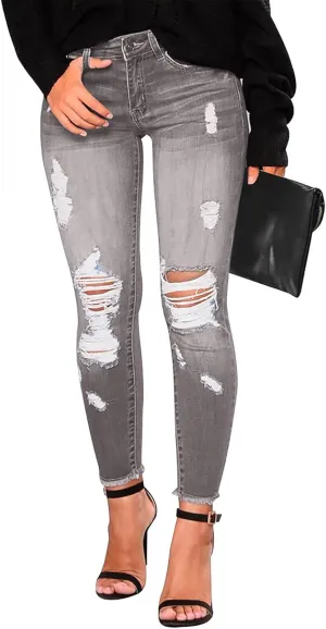 Jeans for Women Trendy Straight Leg Ripped Petite Jeans High Waisted Stretchy Distressed Denim Pants Hippie Clothes