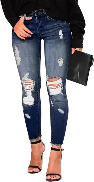 Jeans for Women Trendy Straight Leg Ripped Petite Jeans High Waisted Stretchy Distressed Denim Pants Hippie Clothes