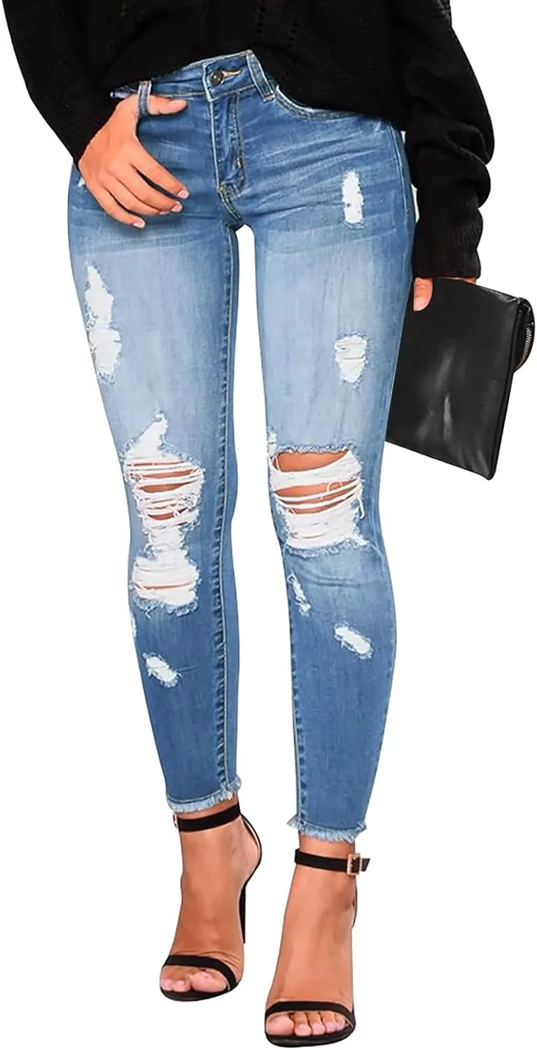 Jeans for Women Trendy Straight Leg Ripped Petite Jeans High Waisted Stretchy Distressed Denim Pants Hippie Clothes