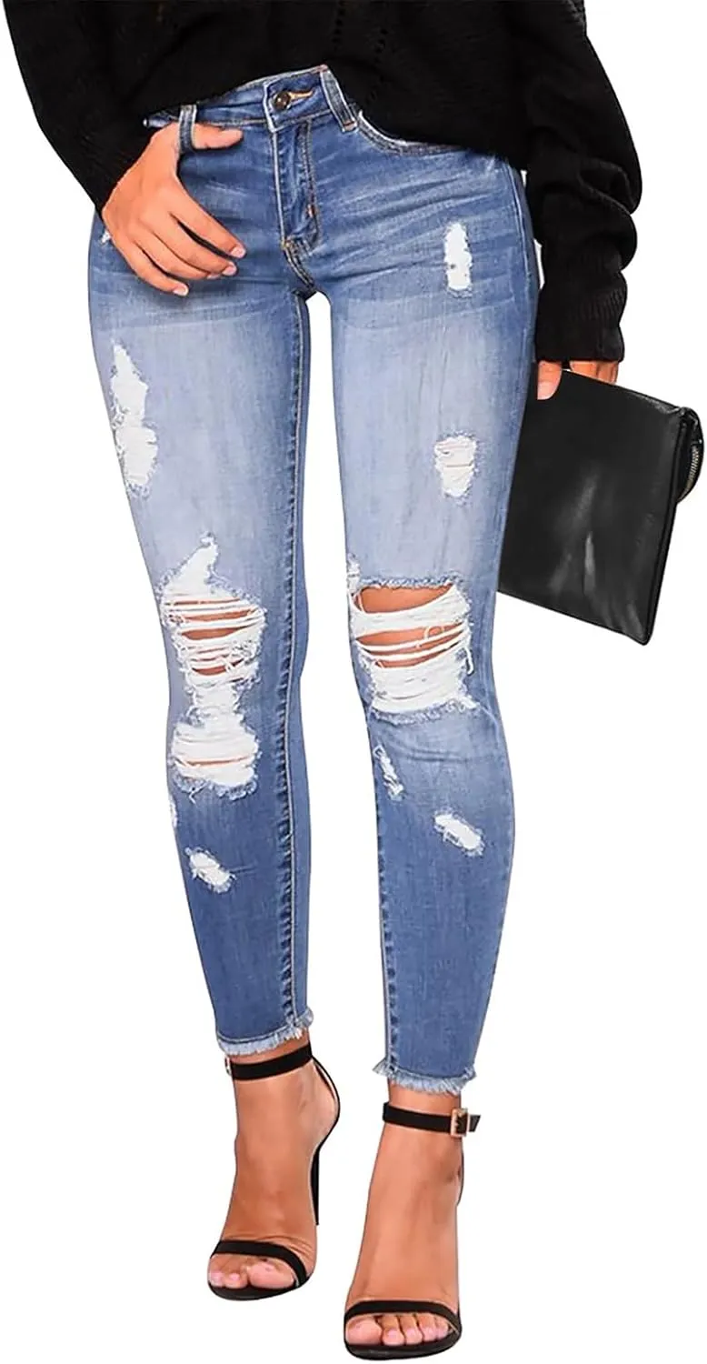 Jeans for Women Trendy Straight Leg Ripped Petite Jeans High Waisted Stretchy Distressed Denim Pants Hippie Clothes