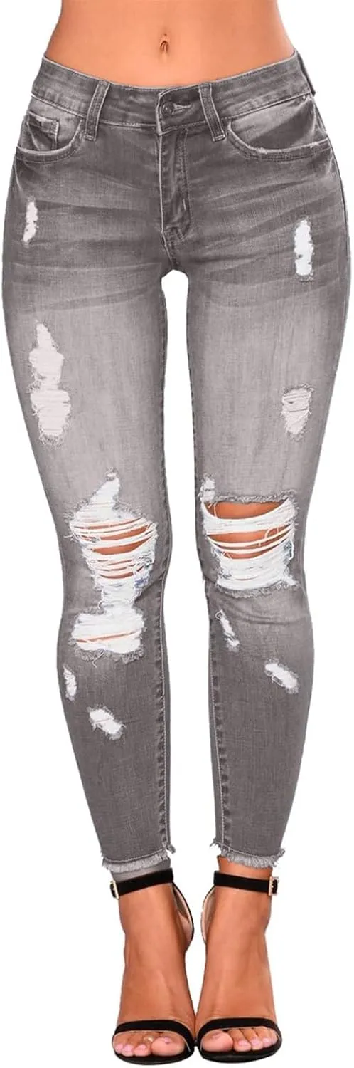 Jeans for Women Trendy Straight Leg Ripped Petite Jeans High Waisted Stretchy Distressed Denim Pants Hippie Clothes