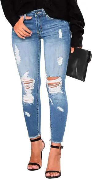 Jeans for Women Trendy Straight Leg Ripped Petite Jeans High Waisted Stretchy Distressed Denim Pants Hippie Clothes