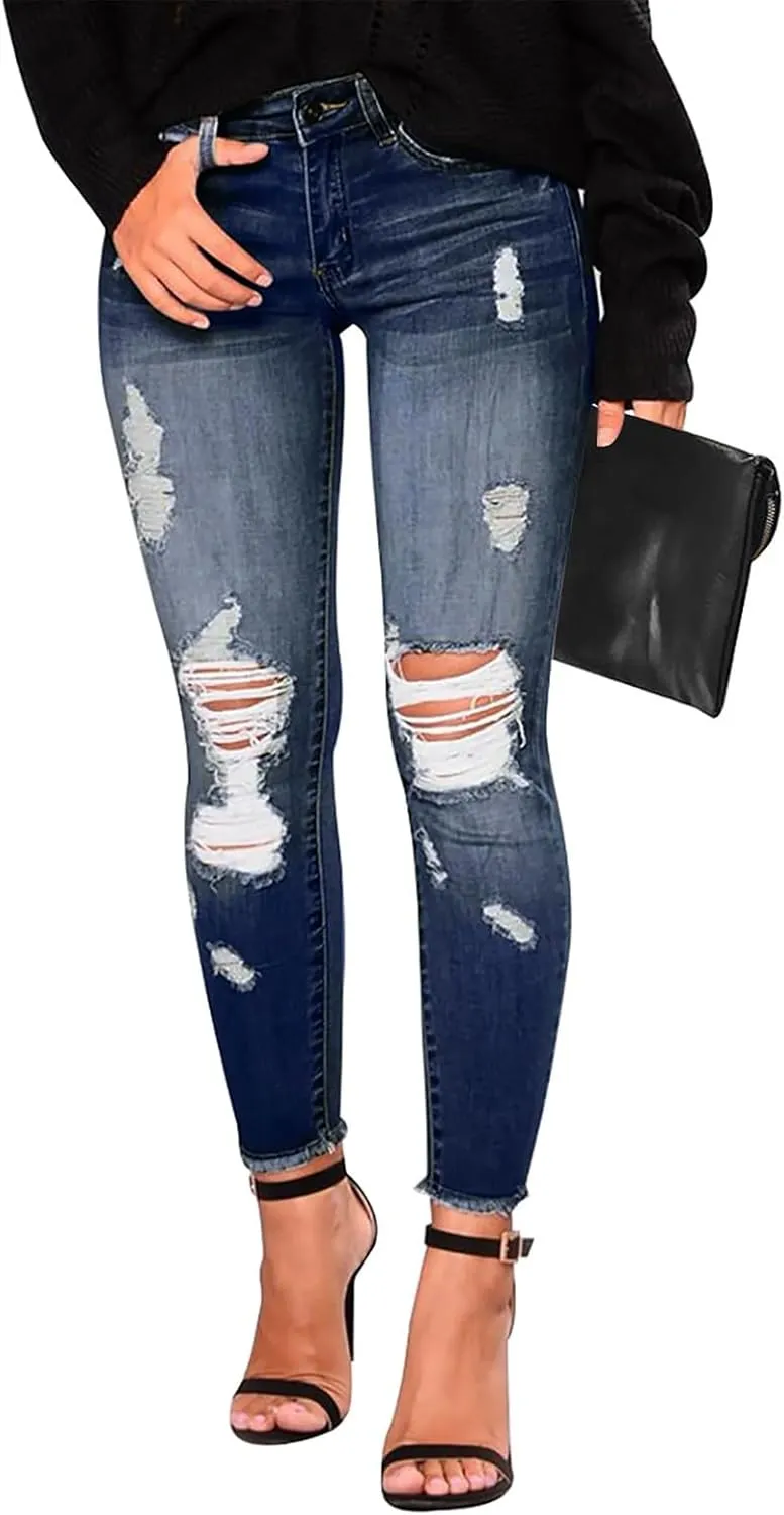 Jeans for Women Trendy Straight Leg Ripped Petite Jeans High Waisted Stretchy Distressed Denim Pants Hippie Clothes