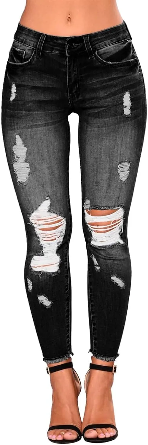 Jeans for Women Trendy Straight Leg Ripped Petite Jeans High Waisted Stretchy Distressed Denim Pants Hippie Clothes