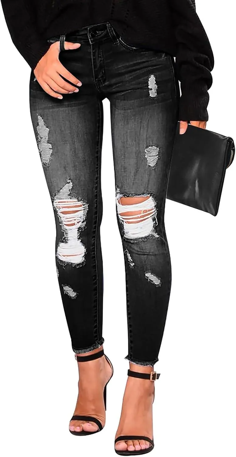 Jeans for Women Trendy Straight Leg Ripped Petite Jeans High Waisted Stretchy Distressed Denim Pants Hippie Clothes