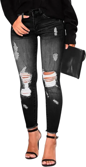 Jeans for Women Trendy Straight Leg Ripped Petite Jeans High Waisted Stretchy Distressed Denim Pants Hippie Clothes