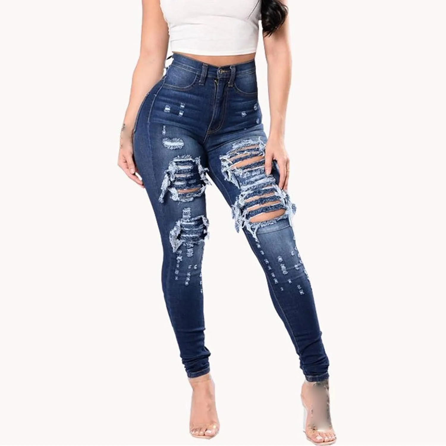 JEKE-DG Women's Destroyed Skinny High Waist Denim Slim Distressed Ripped Jeans Stretch Tummy Control Casual Trousers