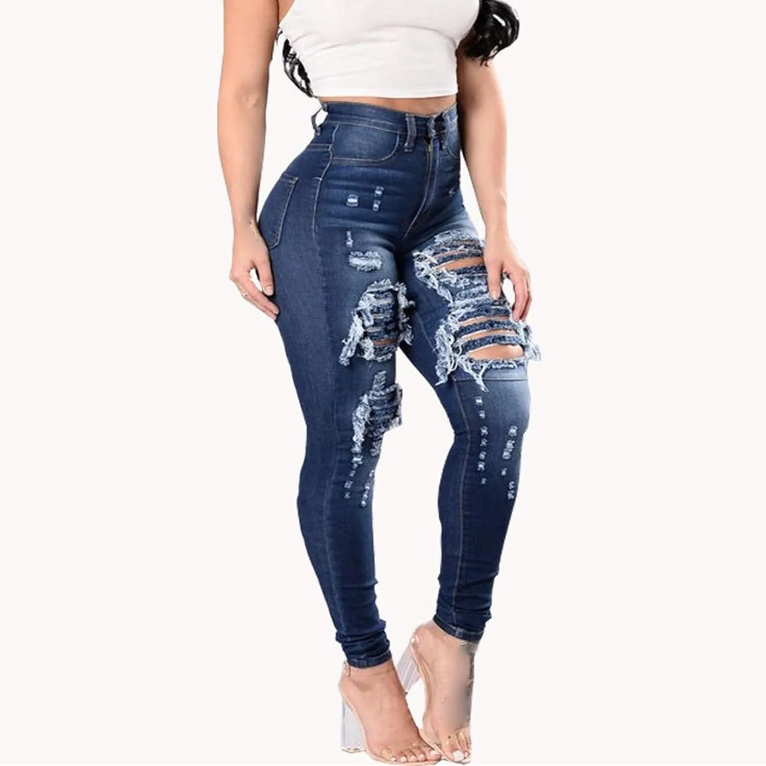 JEKE-DG Women's Destroyed Skinny High Waist Denim Slim Distressed Ripped Jeans Stretch Tummy Control Casual Trousers