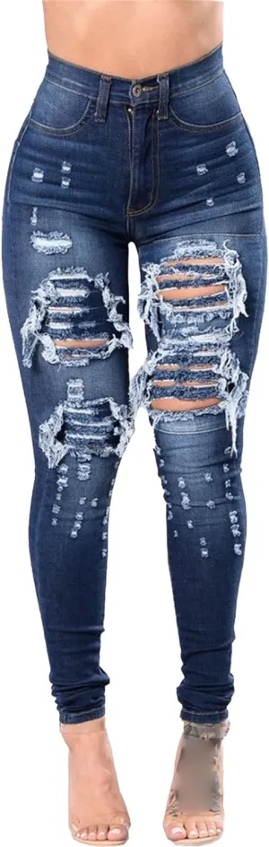 JEKE-DG Women's Destroyed Skinny High Waist Denim Slim Distressed Ripped Jeans Stretch Tummy Control Casual Trousers