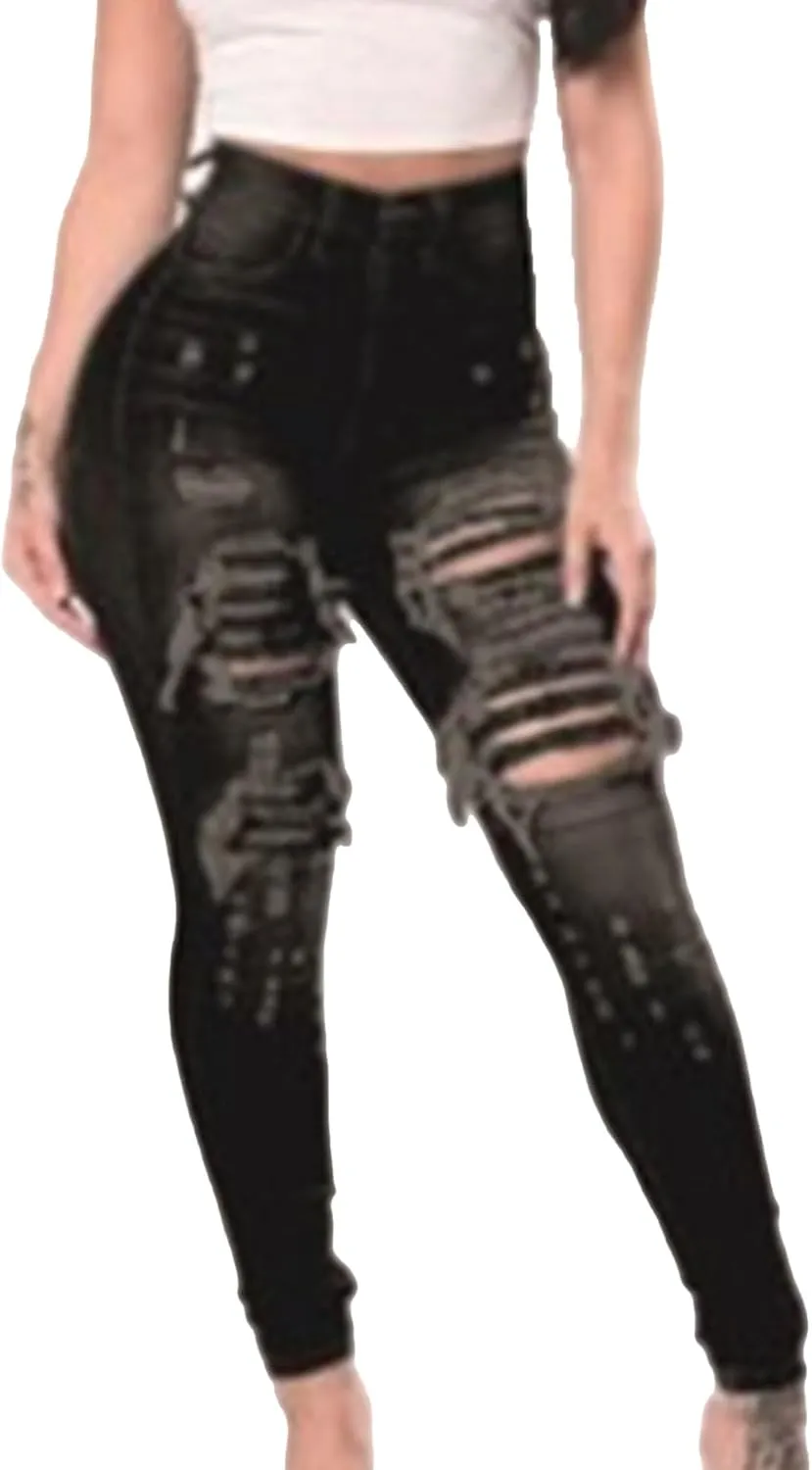 JEKE-DG Women's Destroyed Skinny High Waist Denim Slim Distressed Ripped Jeans Stretch Tummy Control Casual Trousers
