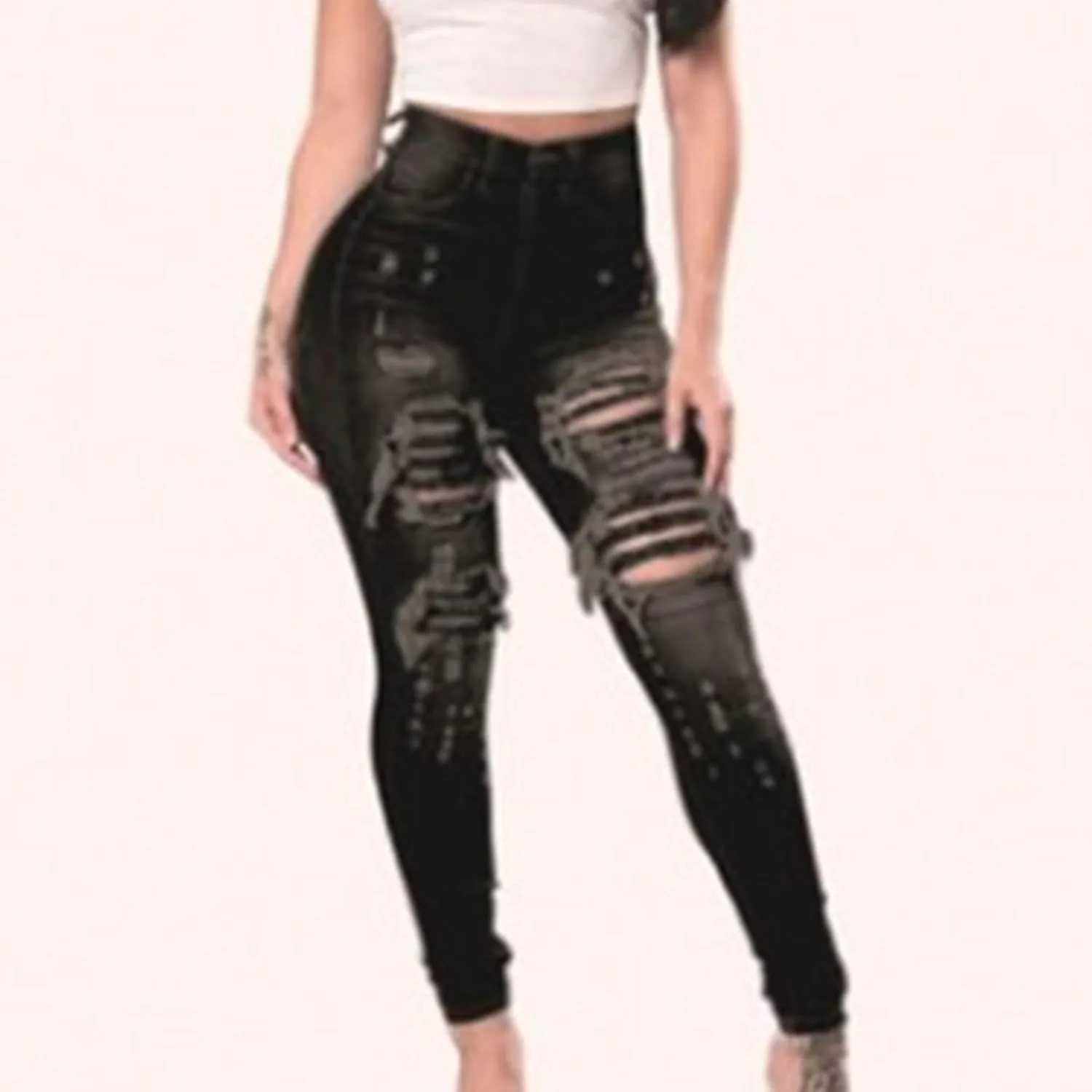 JEKE-DG Women's Destroyed Skinny High Waist Denim Slim Distressed Ripped Jeans Stretch Tummy Control Casual Trousers
