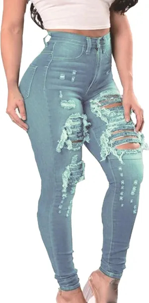 JEKE-DG Women's Destroyed Skinny High Waist Denim Slim Distressed Ripped Jeans Stretch Tummy Control Casual Trousers