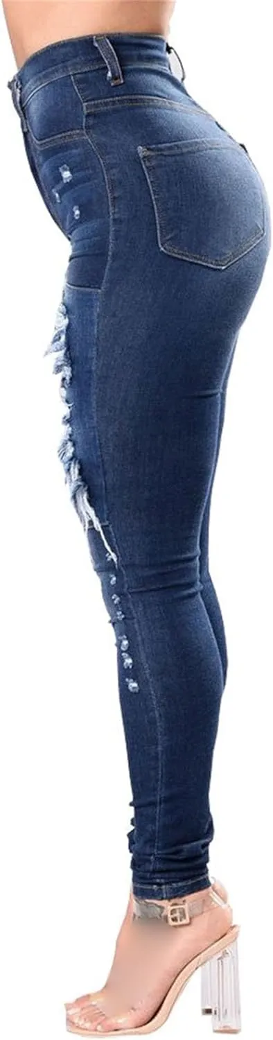 JEKE-DG Women's Destroyed Skinny High Waist Denim Slim Distressed Ripped Jeans Stretch Tummy Control Casual Trousers