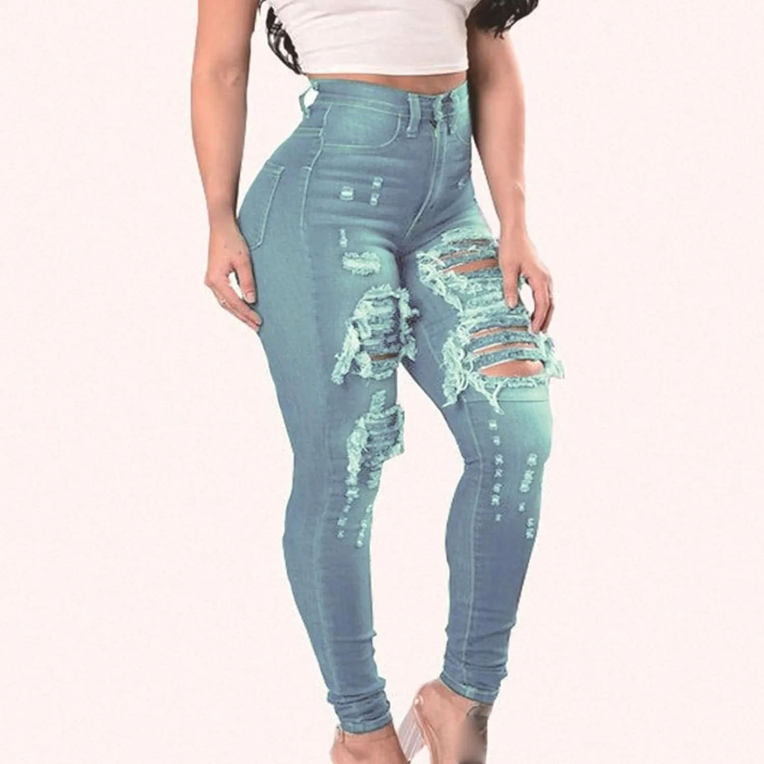 JEKE-DG Women's Destroyed Skinny High Waist Denim Slim Distressed Ripped Jeans Stretch Tummy Control Casual Trousers