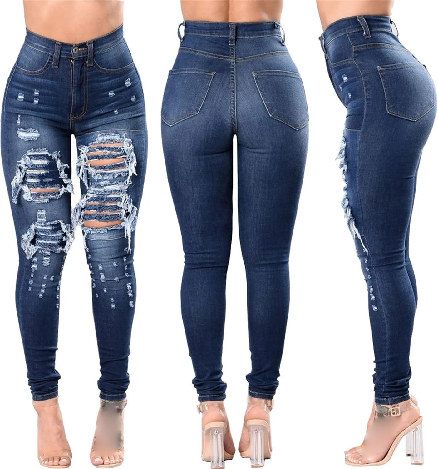 JEKE-DG Women's Destroyed Skinny High Waist Denim Slim Distressed Ripped Jeans Stretch Tummy Control Casual Trousers