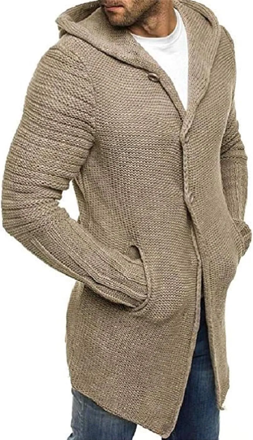 JEShifangjiusu Mens Long Sleeve Cardigan Hooded Sweaters Button Down Cable Knitted Sweater Slim Fit Fashion Coat With Pockets