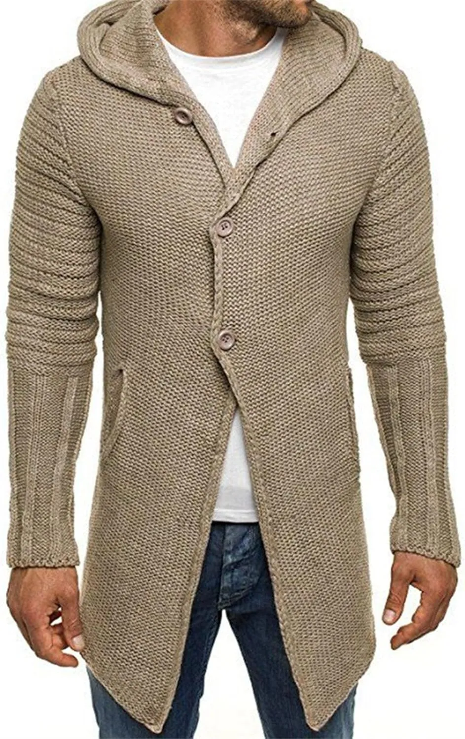 JEShifangjiusu Mens Long Sleeve Cardigan Hooded Sweaters Button Down Cable Knitted Sweater Slim Fit Fashion Coat With Pockets